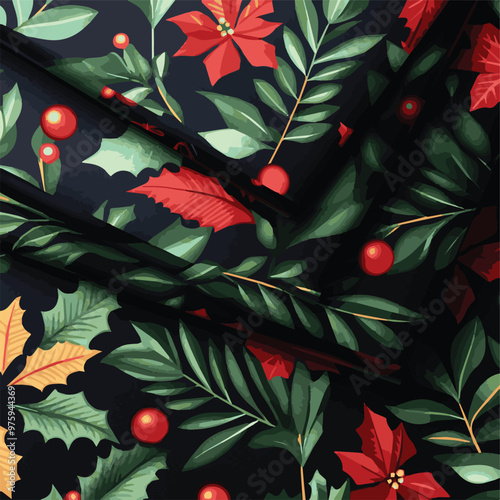 Vibrant holiday wrapping paper design featuring rich green leaves, red berries, and bright poinsettias against dark background, perfect for adding touch of festive cheer