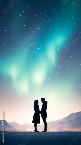 Silhouette of a couple under a glowing aurora borealis, vibrant greens and purples lighting up the night sky, romantic glowtime