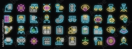 Ophthalmologist checks patient eyesight with modern equipment neon icons set, bright signboard vector illustration