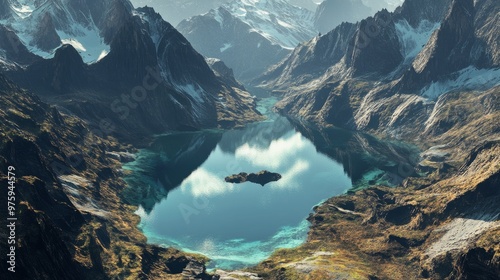 An untouched high mountain lagoon with transparent waters, surrounded by dense pine trees and rocky cliffs. The sky is overcast, adding a moody feel to the scene. photo