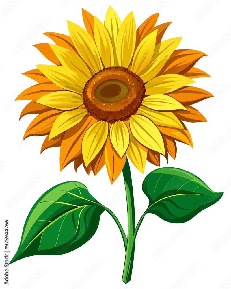 Naklejka premium A vibrant and radiant sunflower, petals of golden yellow radiating outwards, a detailed and textured brown center, lush green leaves and stem, realistic rendering, photographic quality.