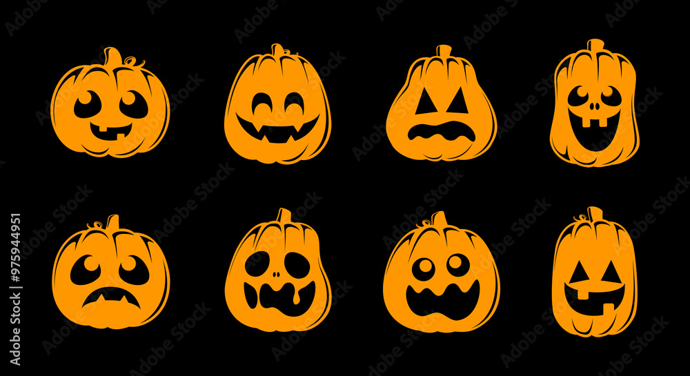 Jack O Lantern Set, Cute Creepy Spooky Halloween Pumpkin, Fall Autumn Sticker Print Illustration