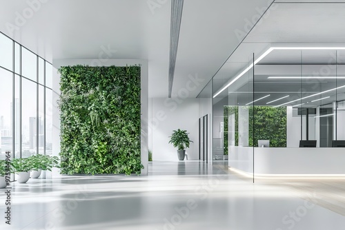 Modern office lobby with plants and clean design