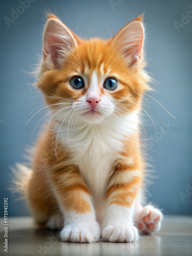 Adorable orange tabby kitten with big blue eyes, playful pose, charming expression, copy space 