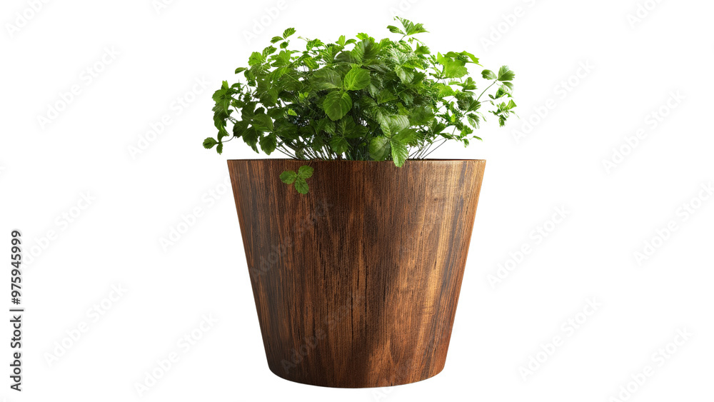 Classic wooden plant pot with a rich, dark finish and a potted herb, isolated on a white background. Classic wooden plant pot with a rich, dark finish and a potted herb, isolated on a white background.