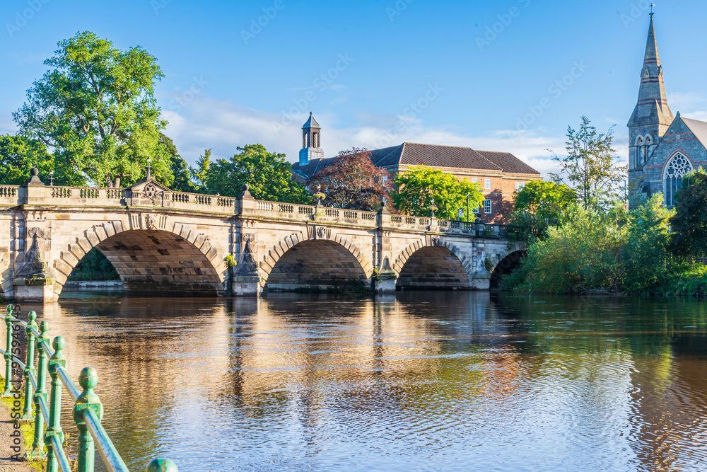 English Bridge over the River Severn in Shrewsbury, Shropshire, UK on a summer day English Bridge over the River Severn in Shrewsbury, Shropshire, UK on a summer day