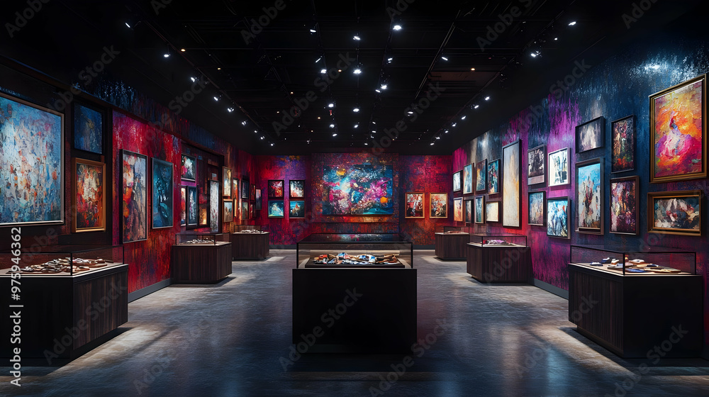 Gallery Interior with Abstract Paintings and Spotlights - Interior Design Gallery Interior with Abstract Paintings and Spotlights - Interior Design