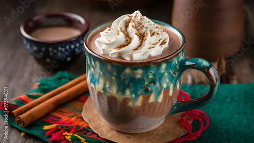 A cup of Mexican hot chocolate topped with whipped cream and a sprinkle of cinnamon, served in a rustic mug.  