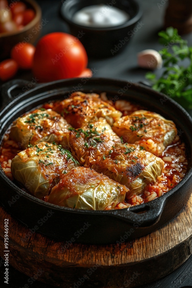 Sarma: Stuffed cabbage rolls filled with minced meat and rice, simmered in a tomato-based sauce, popular in winter. Sarma: Stuffed cabbage rolls filled with minced meat and rice, simmered in a tomato-based sauce, popular in winter.