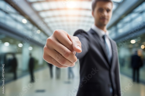 A businessman hand extending forward for a handshake, with a blurred office background