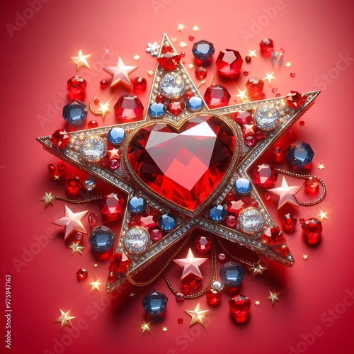 Luxury Red Gemstone Star and Heart Jewelry on Red Background and white - Elegant Valentine’s Day Design    photo