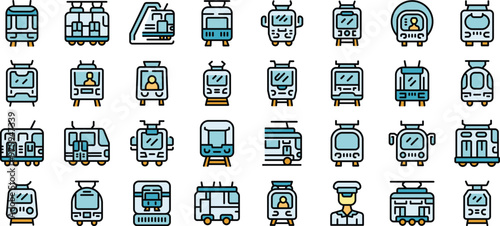 Tram icons set. Outline set of tram vector icons thin line color flat on white background