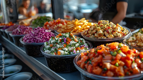 Colorful Food Salads in Bowls at a Food Stand - Realistic Image photo