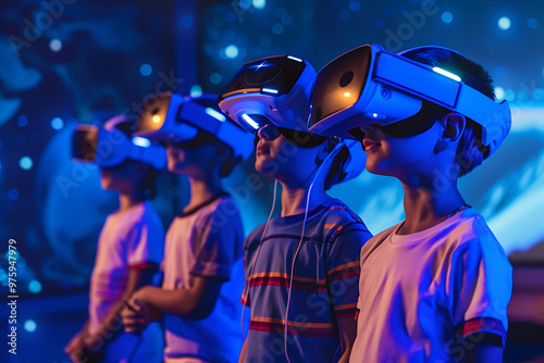 Young Children Engaging in Virtual Reality Space Exploration Missions Under Bright 6500K Temp Lights with Soft Box Illumination photo