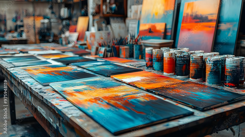 Abstract Paintings On A Table, Blue, Yellow And Orange Colors Abstract Paintings On A Table, Blue, Yellow And Orange Colors
