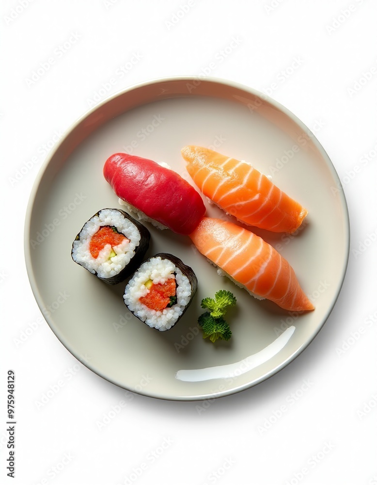 Isolated Plate of Sushi: Top-Down View for Restaurant Menus and Food Blogs Isolated Plate of Sushi: Top-Down View for Restaurant Menus and Food Blogs
