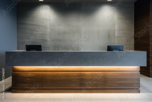 A sleek, modern reception desk in a contemporary office setting, featuring clean lines and a minimalist design.