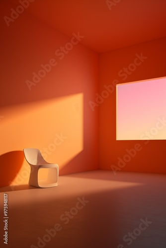 An empty room featuring vibrant orange walls and a solitary chair positioned in the center of the space.