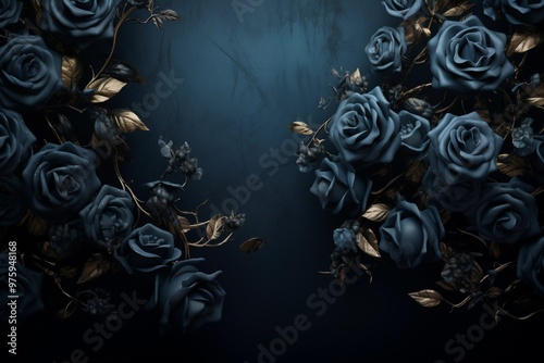 A collection of dark blue roses set on a black background, highlighting their rich color and intricate petal details.
