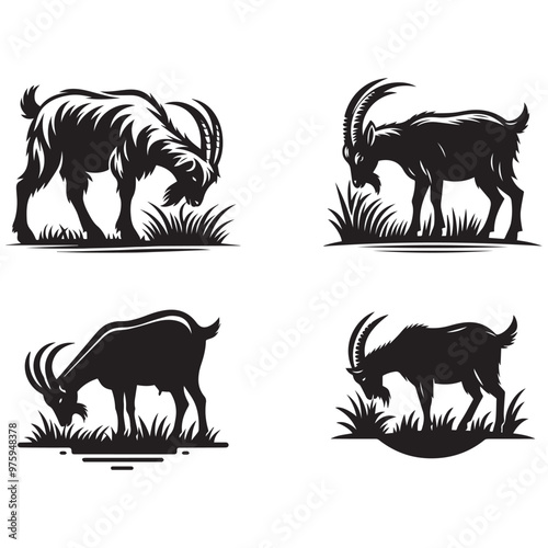 Set of goat eating grass silhouette. animal full body logo