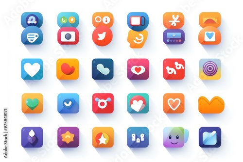 A collection of vibrant social media notification icons displayed as colorful, flat illustrations on a clean white background, s