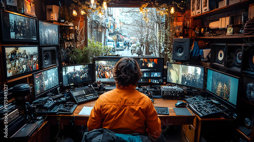 A Person Sitting In Front of Multiple Monitors Editing Video - Realistic Image