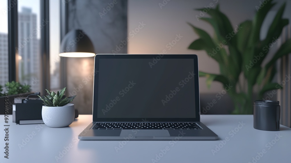 Modern laptop on desk with city view Modern laptop on desk with city view