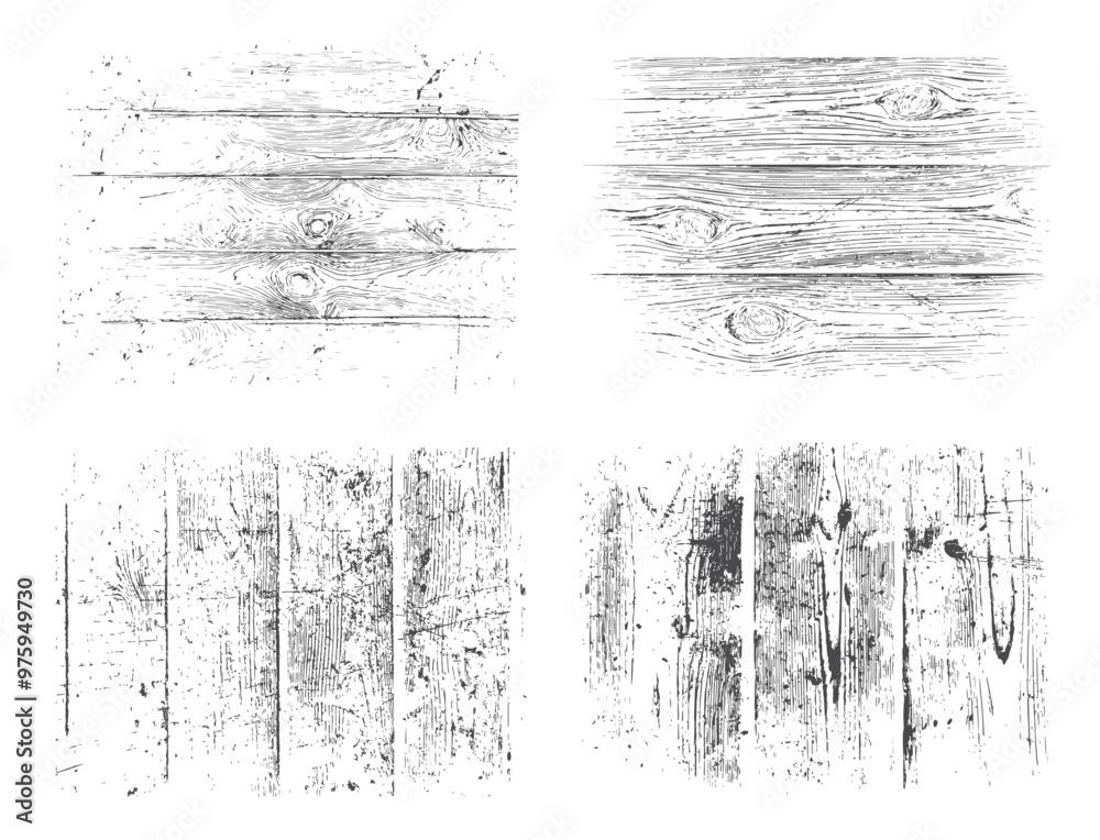 Horizontal wooden boards texture set. Isolated vector black grunge patterns on white background Horizontal wooden boards texture set. Isolated vector black grunge patterns on white background