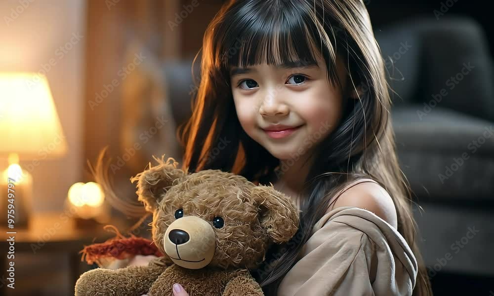 Sweet Dreams with Teddy: a little girl, her eyes sparkling with innocence and joy, as she lovingly cradles a teddy bear in her arms. warm lighting and soft focus Sweet Dreams with Teddy: a little girl, her eyes sparkling with innocence and joy, as she lovingly cradles a teddy bear in her arms. warm lighting and soft focus