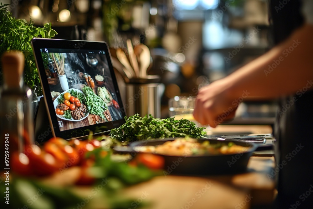 Tablet displaying recipe in a kitchen with blur effect
