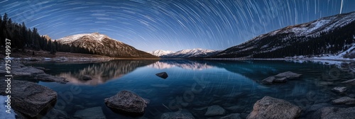 Star Trails Over an Alpine Lake with Visible Underwater Boulders photo