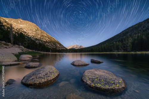 Star Trails Over an Alpine Lake with Visible Underwater Boulders photo