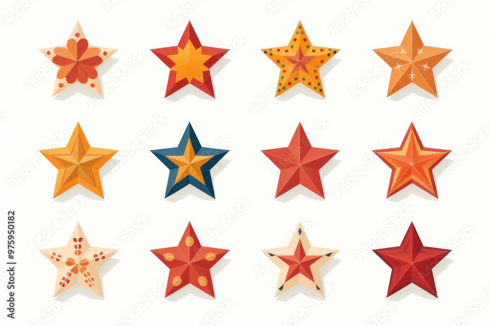 A diverse group of star icons ranging from classic five-pointed stars to more abstract shapes A diverse group of star icons ranging from classic five-pointed stars to more abstract shapes