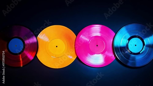 Four colorful vinyl records displayed against a dark background highlight the beauty of retro music culture
