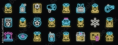 Policewoman neon icons set bright signboard with law enforcement officer, police station, patrol car, walkie talkie, siren, policewoman certificate and more