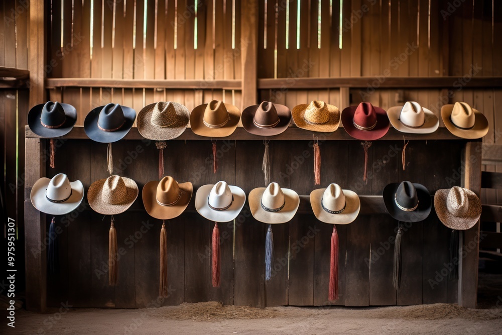 A group of cowboy hats in different styles and colors displayed on a hat rack inside a rustic barn with hay scattered on the ground A group of cowboy hats in different styles and colors displayed on a hat rack inside a rustic barn with hay scattered on the ground