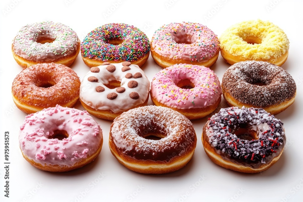 Delicious donuts with glazing and sprinkles forming a grid on white background Delicious donuts with glazing and sprinkles forming a grid on white background