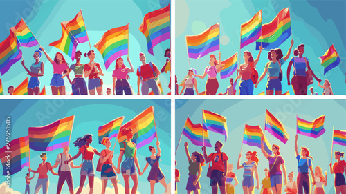 Lgbt procession cartoon vector scenes. Rainbow flags male female lesbian gay waving curly festivity signs varied ethnicities hugging queer love freedom festival transgender manifest concepts