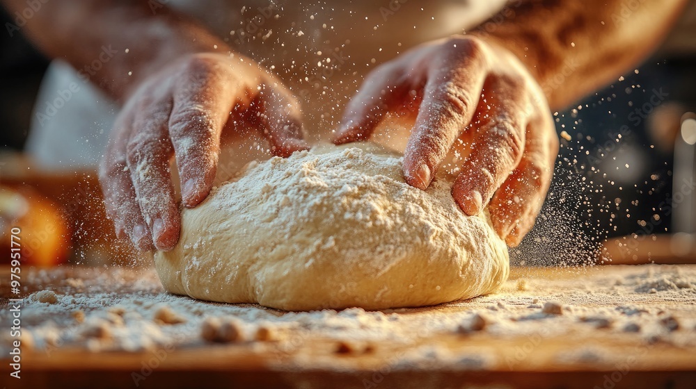 Baker kneading dough for bread making in kitchen