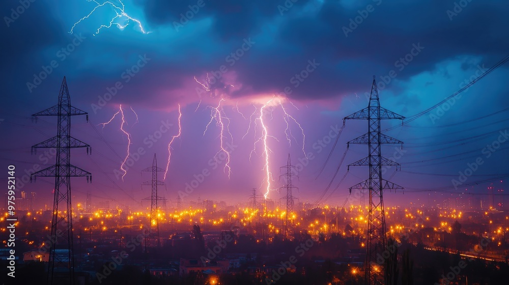 Lightning striking near the city at night with power lines