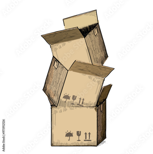 tower of open carton brown box illustration moving icon transport isolated on white background