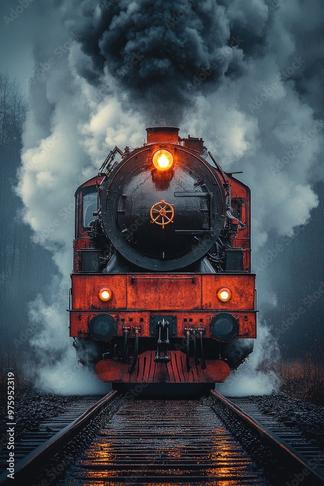 Obraz premium Old vintage steam locomotive is approaching on railway in dramatic scenery
