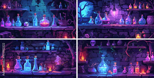 Magic alchemist desk cartoon vector concepts. Elixirs skulls bottles flasks brews mixture toxins poisons wall stone roots mystical creepy lab residence alchemy witch interior illustrations