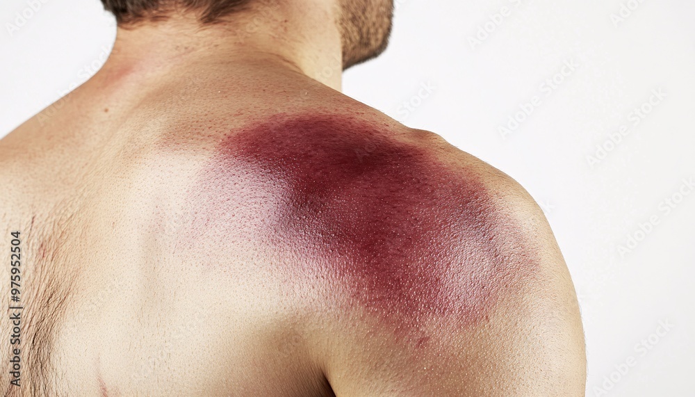 Back view of a shoulder displaying a vivid bruise against a solid white background, highlighting the impact of injury and the complexities of physical trauma. Concept: Bruised. Back view of a shoulder displaying a vivid bruise against a solid white background, highlighting the impact of injury and the complexities of physical trauma. Concept: Bruised.