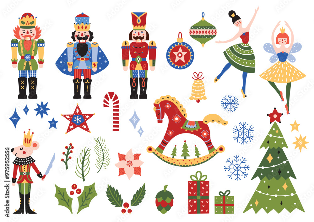 Fototapeta premium Christmas set with Nutcracker, baljerina and festive symbols and design elements. Perfect for posters, postcard, invite, wall art, banner, card, cover. Transparent background.