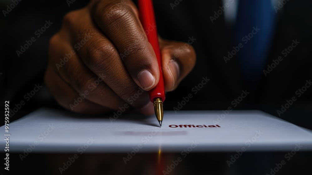 Detailed close-up of a hand holding a red pen, signing an official document, symbolizing authority, agreements, and legal processes. Detailed close-up of a hand holding a red pen, signing an official document, symbolizing authority, agreements, and legal processes.