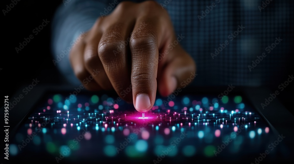 Close-up of a hand touching a glowing digital touchscreen, symbolizing technology, innovation, and user interaction in a modern digital environment. Close-up of a hand touching a glowing digital touchscreen, symbolizing technology, innovation, and user interaction in a modern digital environment.