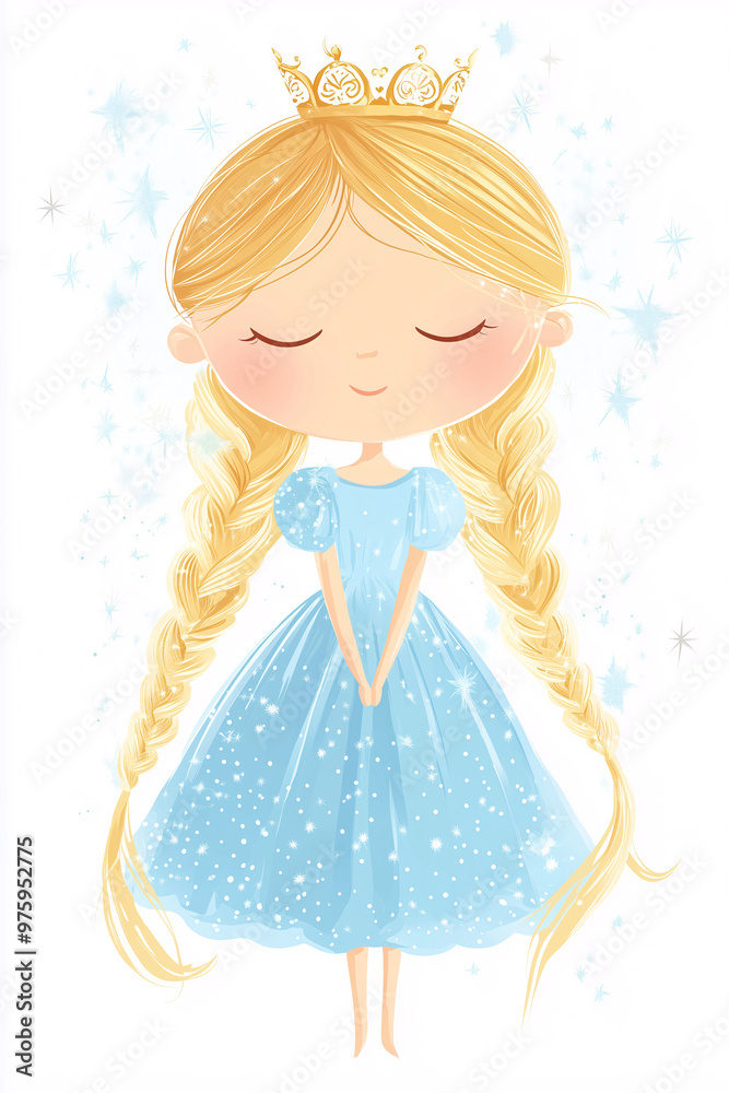 Cute blonde princess clipart, a cartoon illustration on a white background with simple shapes and lines, in a cute storybook style, wearing a blue dress and crown Cute blonde princess clipart, a cartoon illustration on a white background with simple shapes and lines, in a cute storybook style, wearing a blue dress and crown