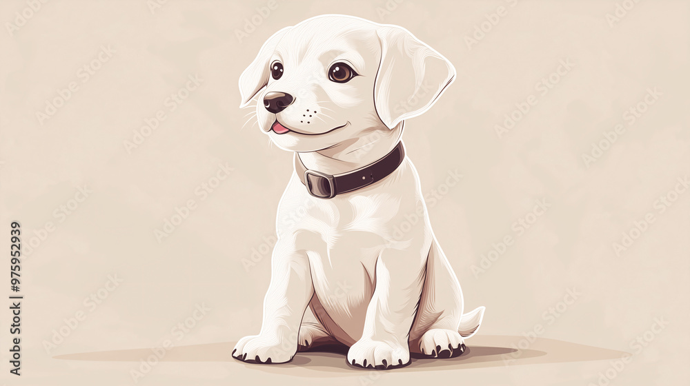 Cute cartoon vector-style puppy sitting down with a collar, using simple shapes and lines, with no shading or background, in colors of white, cream, and beige Cute cartoon vector-style puppy sitting down with a collar, using simple shapes and lines, with no shading or background, in colors of white, cream, and beige