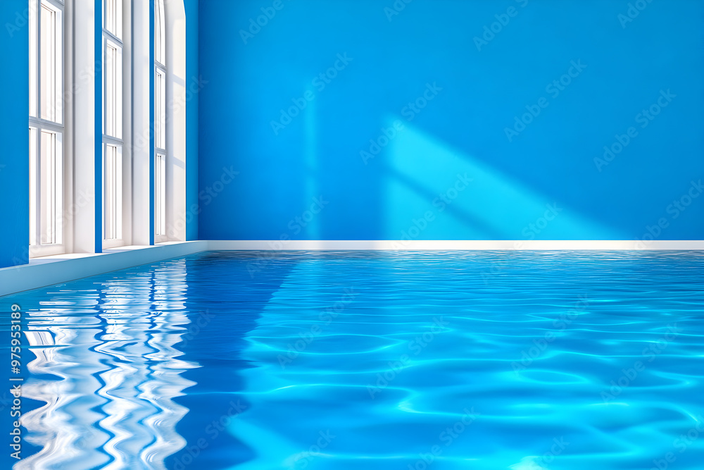 Empty pool inside a modern building, illuminated by sunlight streaming through tall windows. Copy space. Empty pool inside a modern building, illuminated by sunlight streaming through tall windows. Copy space.
